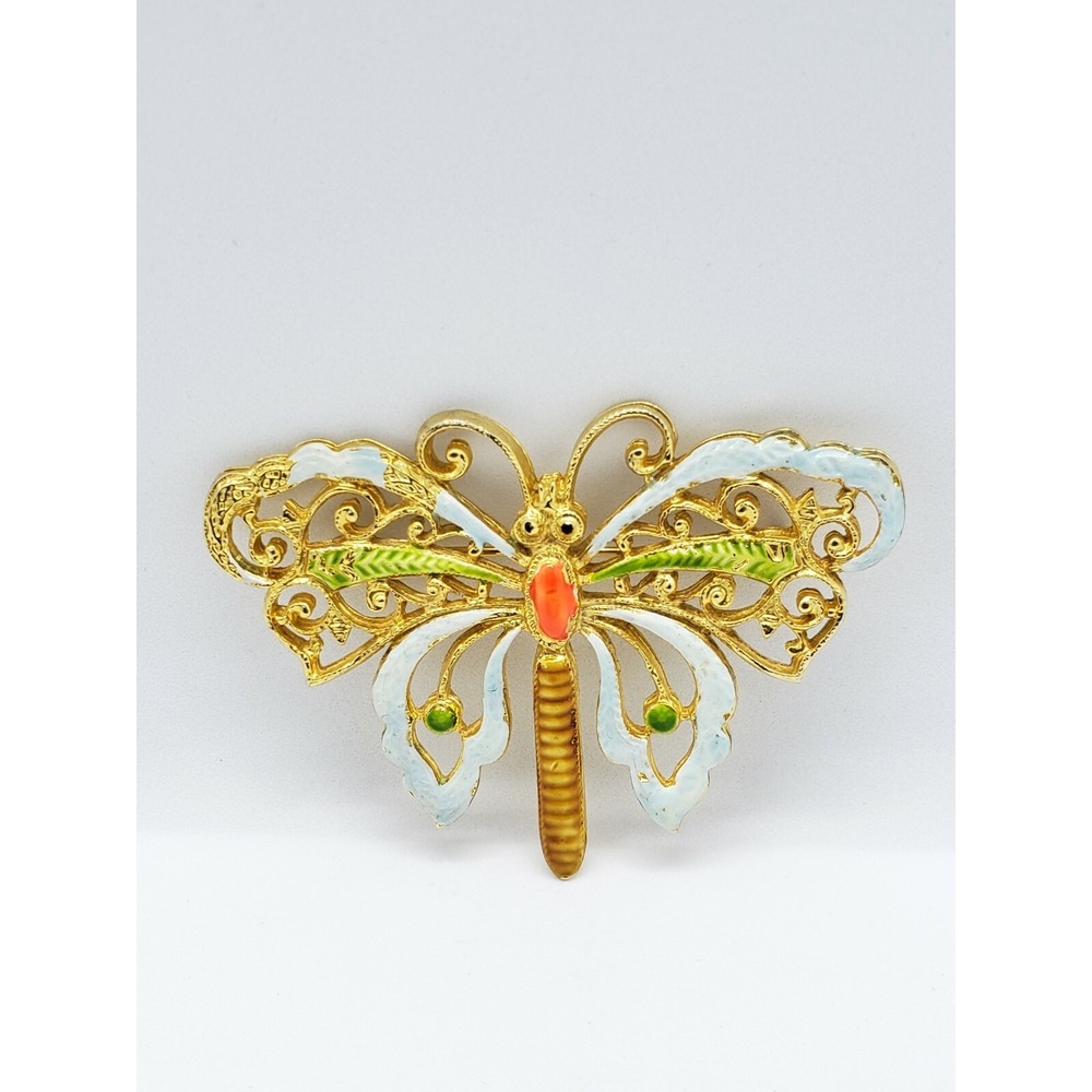 Art Signed‎ Enamel Yellow Gold Tone Butterfly Brooch Signed 2.5" X 1 3/4"